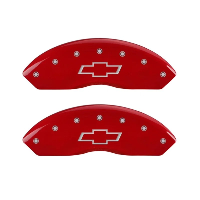 MGP 14212FBOWRD, Front set 2 Caliper Covers Engraved Front Bowtie Red finish silver ch for Chevrolet Tahoe