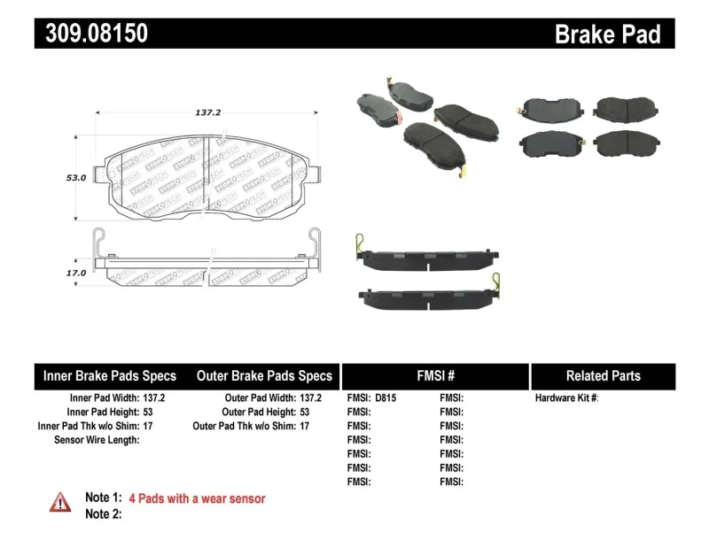 Stoptech 309.08150, Performance 02-05 Infiniti G35 / 07-09 Nissan Altima/Sentra / 6/02-05 350Z Front Brake Pa
