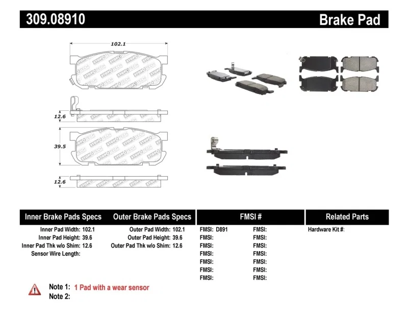Stoptech 309.08910, Performance 01-05 Miata w/ Sport Suspension Rear Brake Pads D891