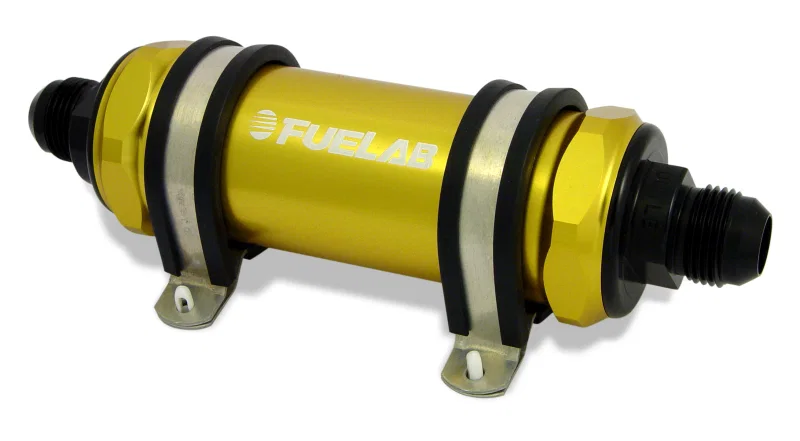 Fuelab 82821-5, 828 In-Line Fuel Filter Long -6AN In/Out 100 Micron Stainless - Gold