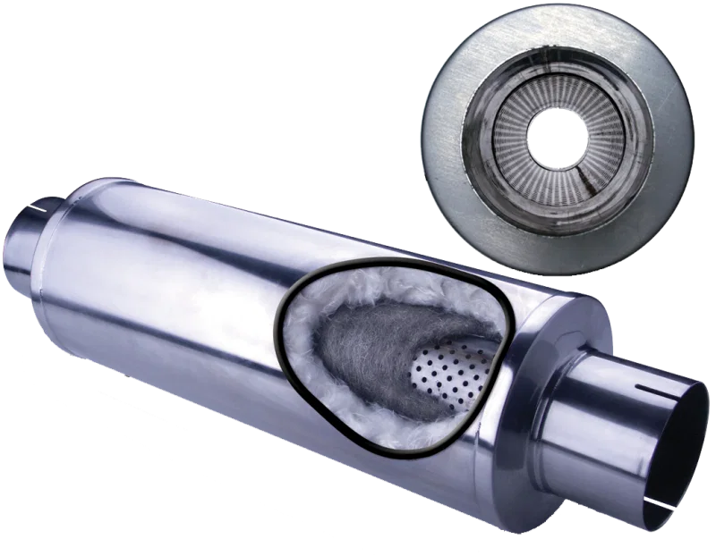 Diamond Eye Performance 560033, MFLR 5inID SGL IN/SGL OUT 7inDIA X 24in BODY 30in LENGTH LOUVERED SLOTTED ENDS 409 SS