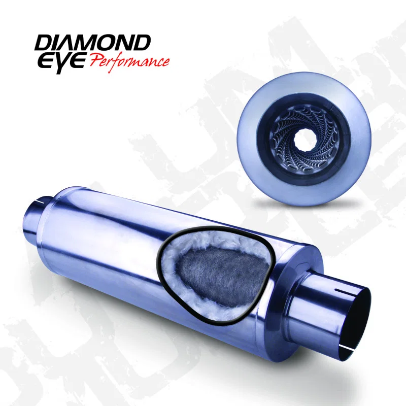 Diamond Eye Performance 460033, MFLR 4inID SGL IN/SGL OUT 7inDIA X 24in BODY 30in LENGTH LOUVERED SLOTTED ENDS 409 SS