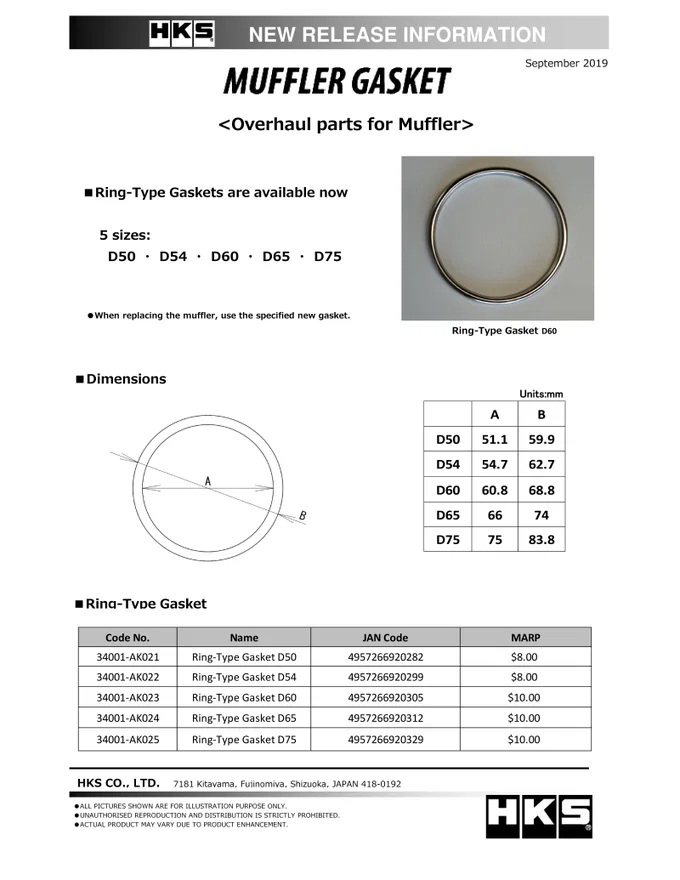 HKS 34001-AK025, Muffler Gasket 75mm ID 83.8mm OD