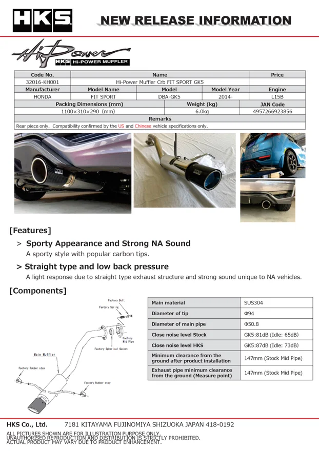 HKS 32016-KH001, Hi-Power Muffler 2014+ Honda Fit Sport GK5 w/ Carbon Tips