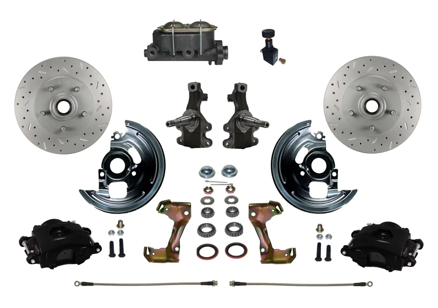 Leed Brakes BFC1007-305X, Front Manual Kit with 2" Drop Spindles Drilled Rotors and Black Powder Coated Calipers for Chevrolet Chevy II