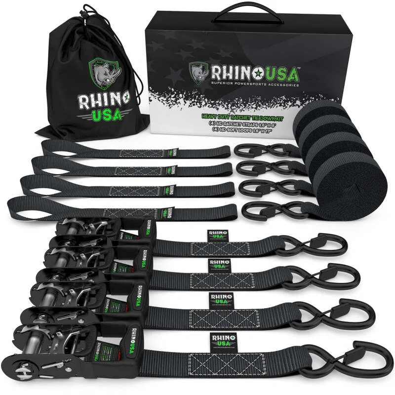 Rhino USA TD-GC1.6X15-BLK, Heavy Duty Ratchet Tie-Down 4-Pack Black 1.6In X 15Ft