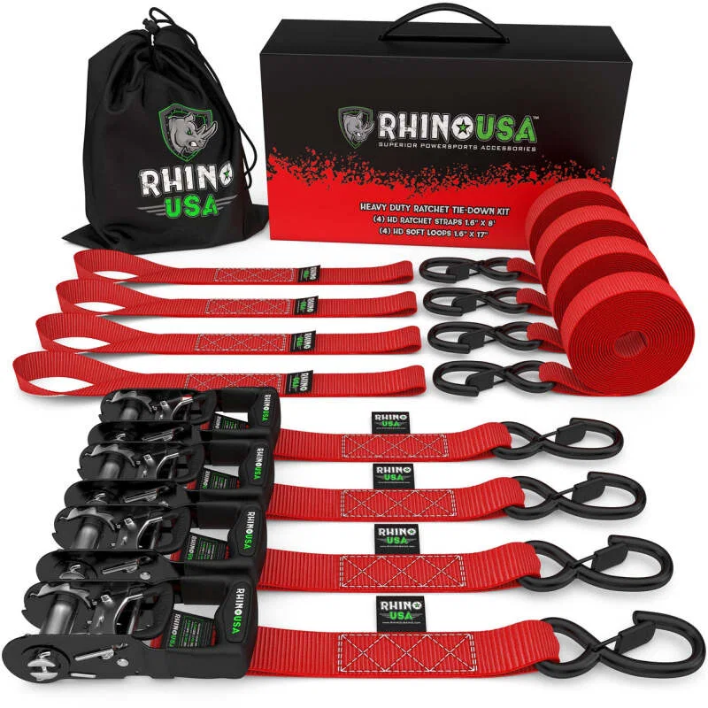 Rhino USA TD-GC1.6X15-RED, Heavy Duty Ratchet Tie-Down 4-Pack Red 1.6In X 15Ft