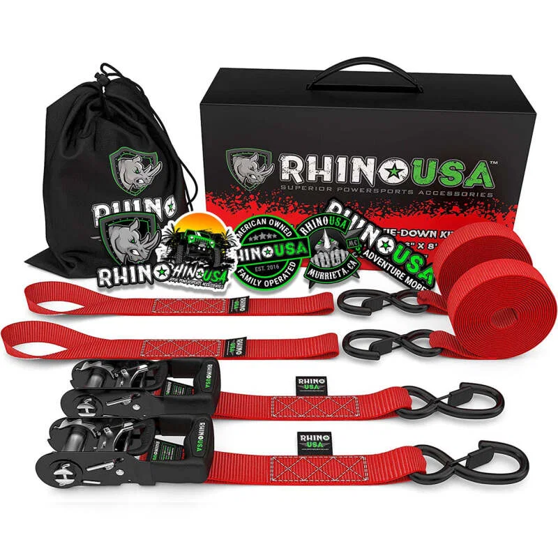 Rhino USA HDKIT-2PK-RED, Heavy Duty Ratchet Tie-Downs 2-Pack (Red) 1.6In X 8Ft