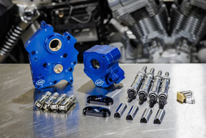 S&S Cycle 310-1263A, 2017+ M8 Oil Cooled Cam Chest Kit w/o Cam - Chrm Pushrod Tubes & Chain Tensioner Incl. VVT