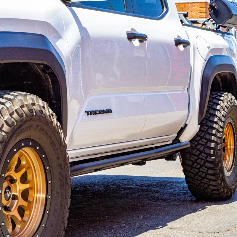 Cali Raised LED CR4070, 2024+ Toyota Tacoma Trail Ed Rock Sliders - Double Cab Long Bed/Kick Out/PowderCoat