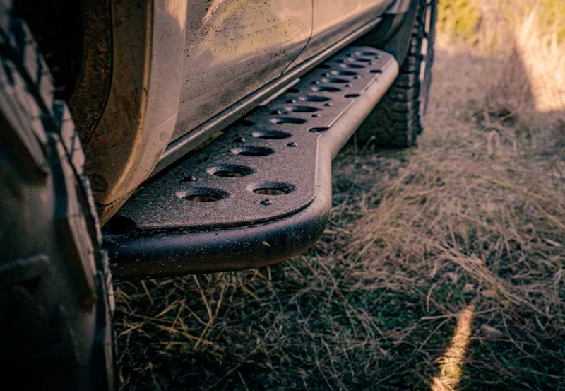 Cali Raised LED CR2602, 05-23 Toyota Tacoma Step Ed Rock Sliders - Double Cab Short Bed W/ Kick Out/Steel