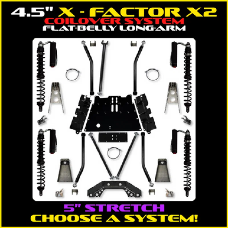 Rock Krawler TJ45X2COMP-5S, 97-06 Wrangler TJ 4.5in X Factor X2 Flat Belly CoilOver Long Arm System w/ 5 In Stretch for Mazda